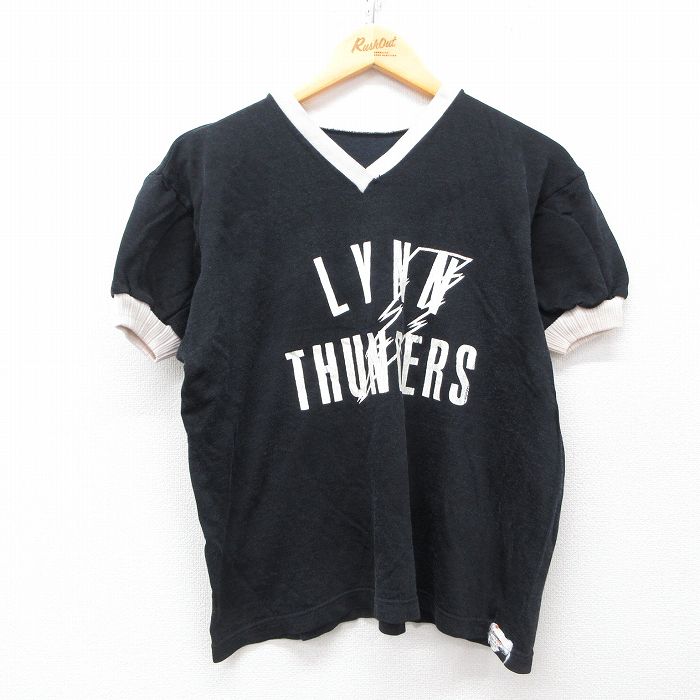 【50%OFF】古着 半袖 ビンテージ Tシャツ レディース 90年代 90s LYNN THUNDERS Vネック 黒 ブラック 25may08 中古