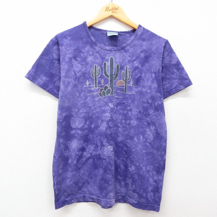 古着 半袖 ビンテージ Tシャツ レディース 90年代 90s サボテン ラインストーン コットン クルーネック USA製 紫他 パープル タイダイ 25may08 中古
