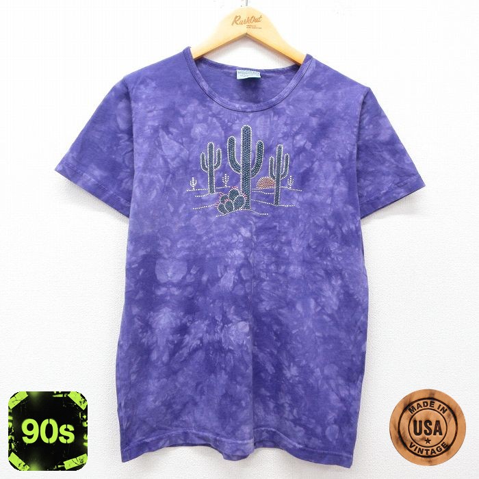 古着 半袖 ビンテージ Tシャツ レディース 90年代 90s サボテン ラインストーン コットン クルーネック USA製 紫他 パープル タイダイ 25may08 中古