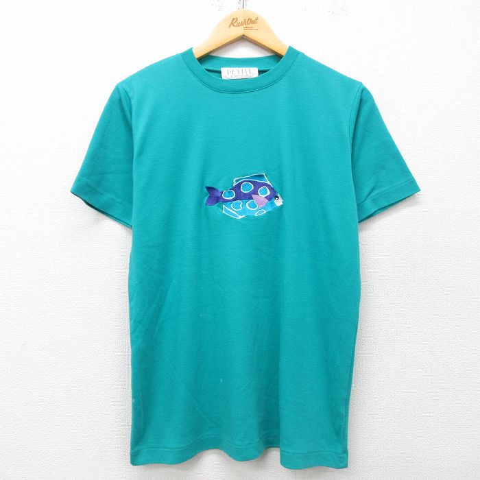 古着 半袖 ビンテージ Tシャツ レディース 00年代 00s 魚 刺繍 クルーネック 青緑 25may08 中古
