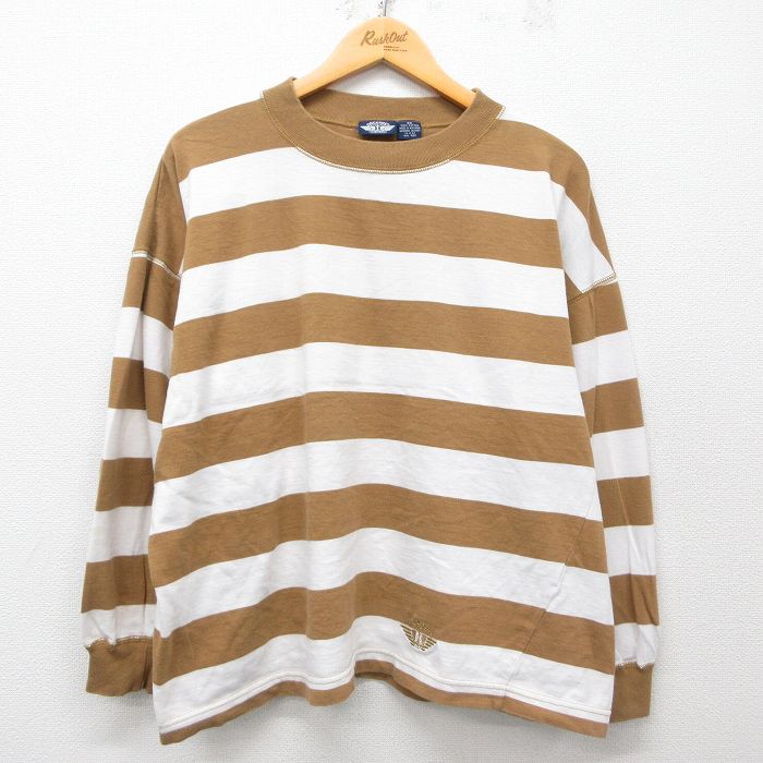 【50%OFF】古着 ドッカーズ 長袖 ビンテージ Tシャツ レディース 90年代 90s ワンポイントロゴ 大きいサイズ コットン クルーネック ベージュ他 カーキ ボーダー 25may08 中古