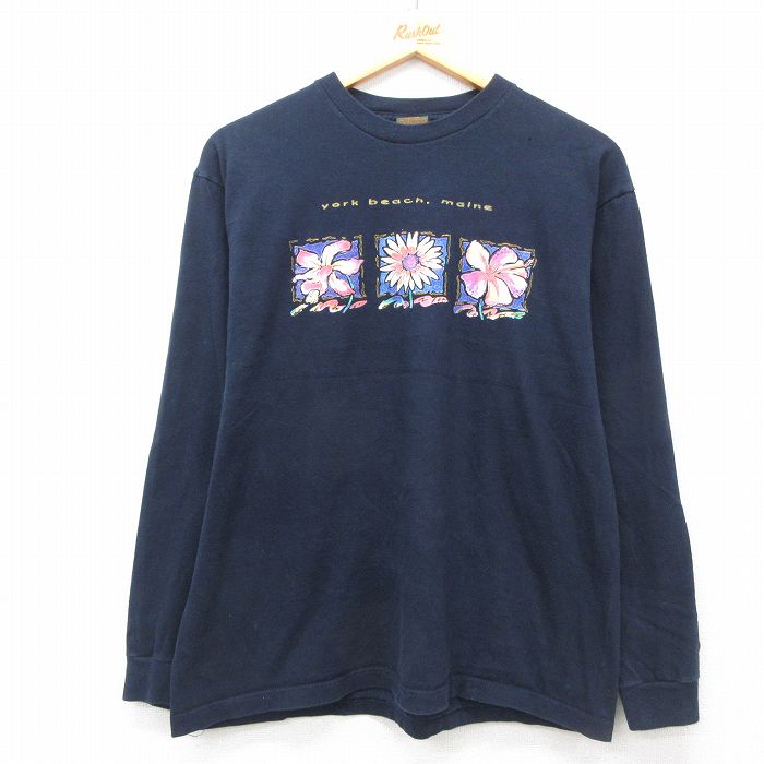 【50%OFF】古着 ティンバーランド 長袖 ビンテージ Tシャツ レディース 90年代 90s 花 コットン クルーネック USA製 濃紺 ネイビー 【spe】 25may08 中古