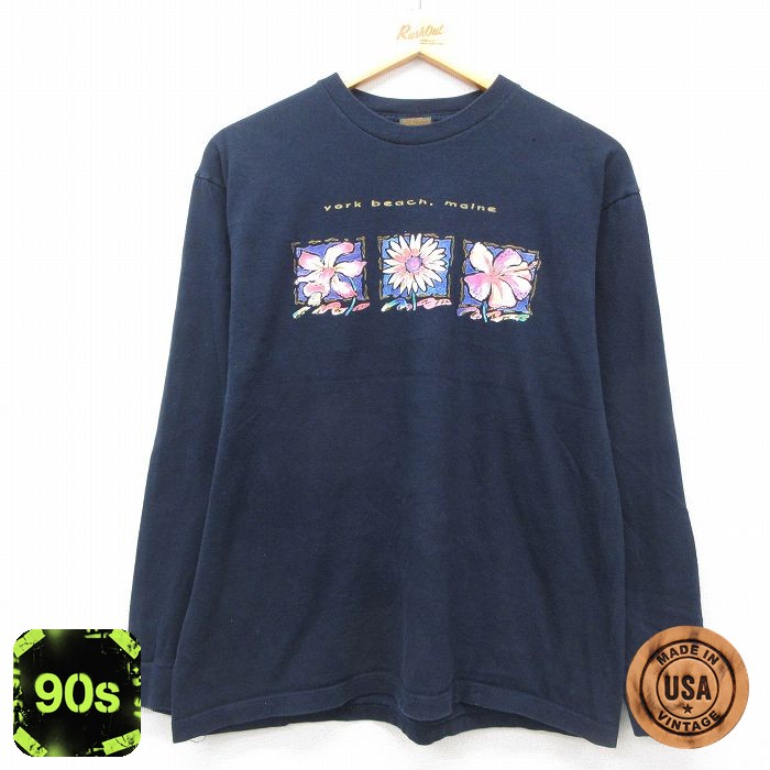 【50%OFF】古着 ティンバーランド 長袖 ビンテージ Tシャツ レディース 90年代 90s 花 コットン クルーネック USA製 濃紺 ネイビー 【spe】 25may08 中古