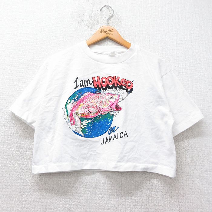 古着 半袖 ビンテージ Tシャツ レディース 90年代 90s 魚 ジャマイカ ショート丈 クルーネック 白 ホワイト 25sep01 中古