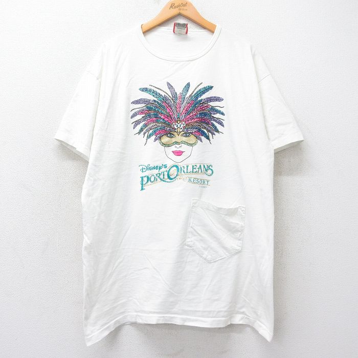 【50%OFF】古着 半袖 ビンテージ Tシャツ ワンピース レディース 90年代 90s ディズニー DISNEY ポートオーリンズ ラメ ポケット付き 大きいサイズ ロング丈 コットン クルーネック USA製 白 ホワイト 25sep01 中古