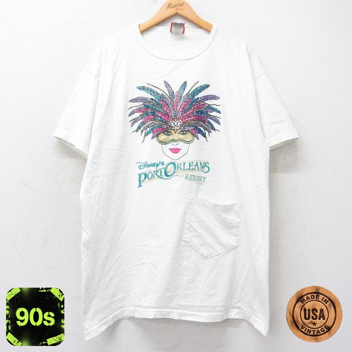 【50%OFF】古着 半袖 ビンテージ Tシャツ ワンピース レディース 90年代 90s ディズニー DISNEY ポートオーリンズ ラメ ポケット付き 大きいサイズ ロング丈 コットン クルーネック USA製 白 ホワイト 25sep01 中古