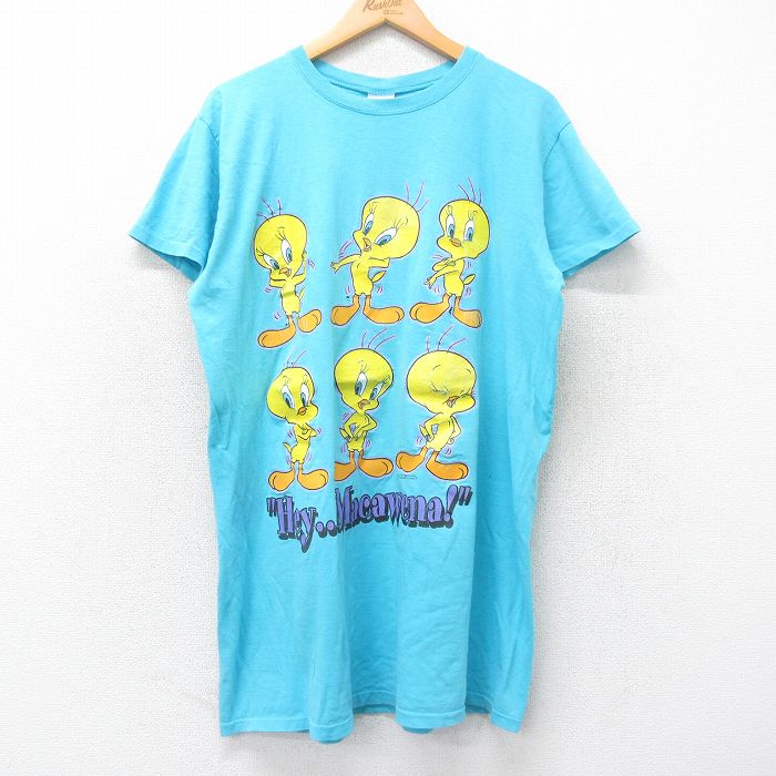 古着 半袖 Tシャツ ワンピース レディース 90年代 90s ルーニーテューンズ LOONEY TUNES トゥイーティー ロング丈 コットン クルーネック 水色 25sep01 中古