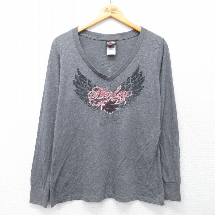 古着 ハーレーダビッドソン 長袖 Tシャツ レディース ビッグロゴ Vネック USA製 グレー 霜降り【spe】 26mar28