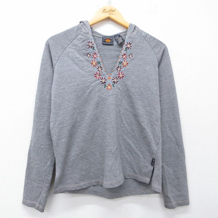 古着 ルート66 長袖 ビンテージ Tシャツ パーカー レディース 00年代 00s 花 刺繍 ラグラン グレー 霜降り 26mar28