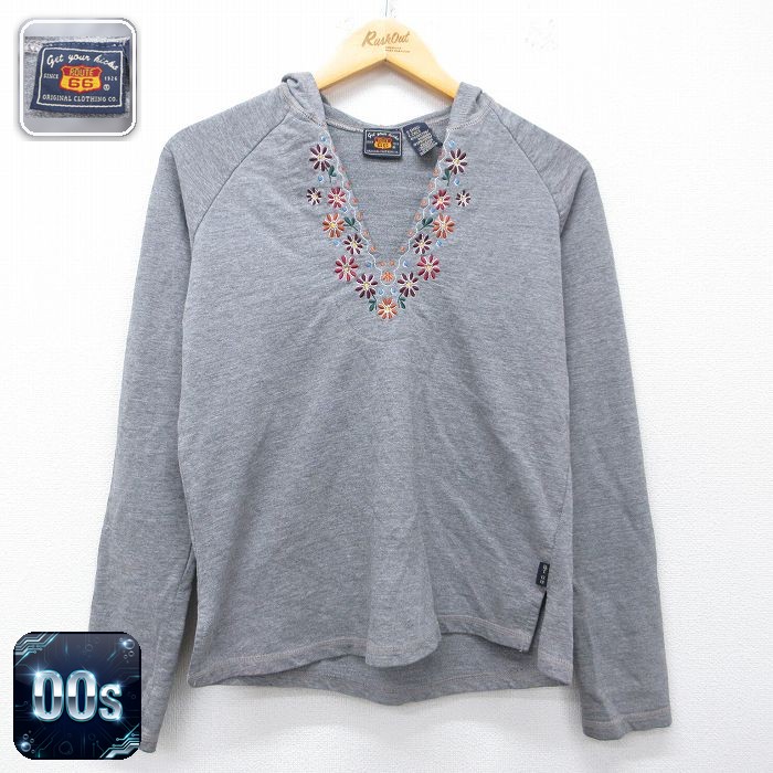 古着 ルート66 長袖 ビンテージ Tシャツ パーカー レディース 00年代 00s 花 刺繍 ラグラン グレー 霜降り 26mar28