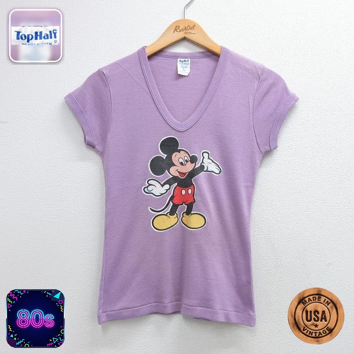 古着 半袖 ビンテージ Tシャツ レディース 80年代 80s ディズニー ミッキー Vネック USA製 紫 26may07