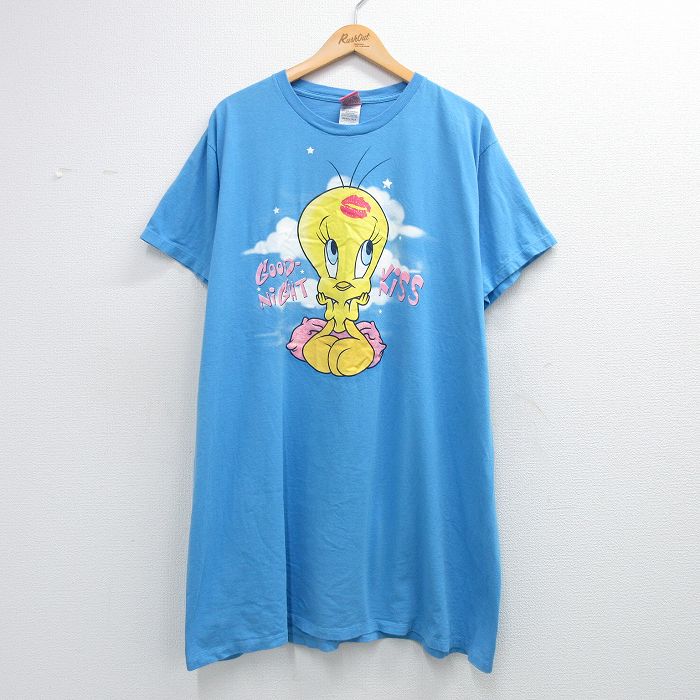 古着 半袖 Tシャツ レディース ルーニーテューンズ トゥイーティー 大きいサイズ ロング丈 コットン クルーネック 薄紺 26may07