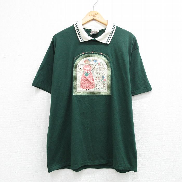 古着 ジャージーズ 半袖 ビンテージ Tシャツ レディース 90年代 90s 女性 ウサギ 刺繍 襟付き 大きいサイズ USA製 緑他 26may07