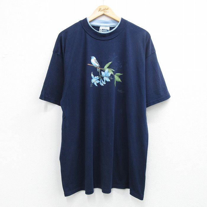 古着 半袖 ビンテージ Tシャツ レディース 90年代 90s 花 鳥 大きいサイズ ロング丈 クルーネック USA製 紺 26may07