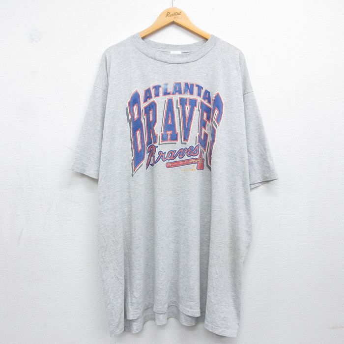 古着 半袖 ビンテージ Tシャツ レディース 90年代 90s MLB アトランタブレーブス 大きいサイズ ロング丈 クルーネック USA製 薄グレー 霜降り メジャーリーグ ベースボール 野球 26may08