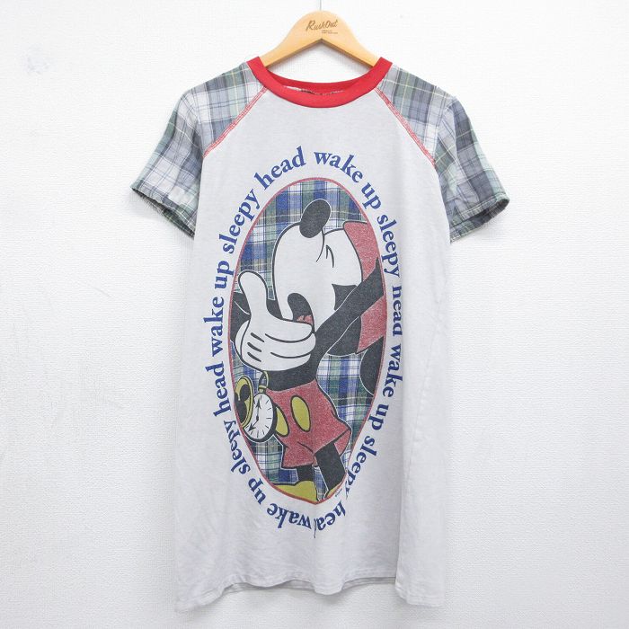 古着 半袖 ビンテージ Tシャツ レディース 90年代 90s ディズニー ミッキー ラグラン ロング丈 クルーネック 白他 26may08