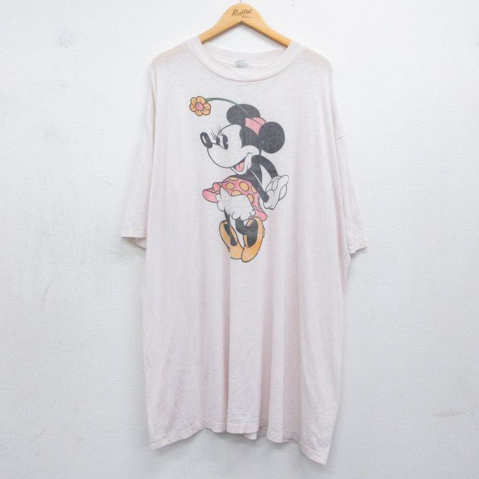 古着 半袖 ビンテージ Tシャツ レディース 80年代 80s ディズニー ミニー 大きいサイズ ロング丈 クルーネック USA製 薄ピンク系【spe】 26may08