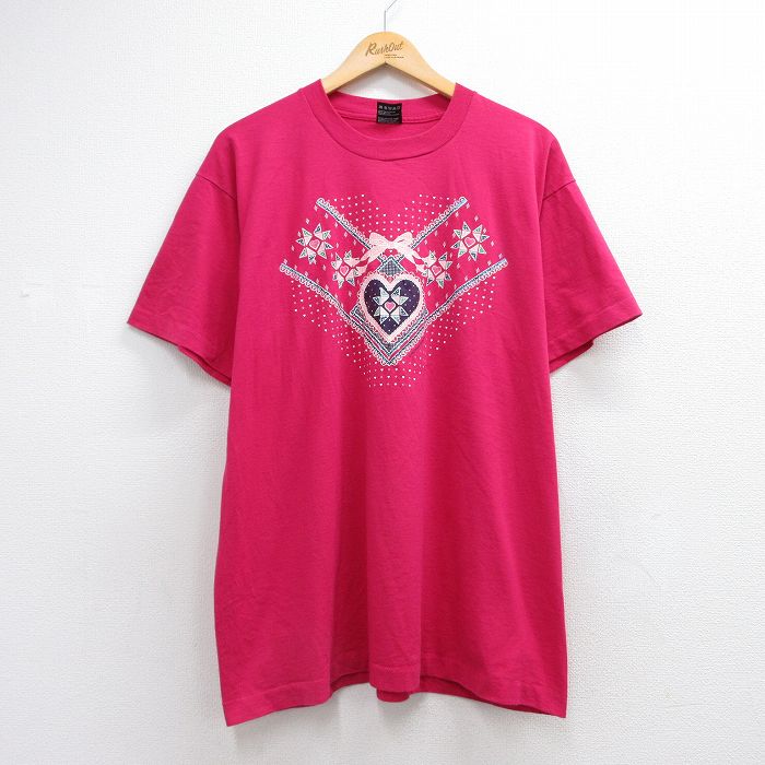 古着 フルーツオブザルーム 半袖 ビンテージ Tシャツ レディース 90年代 90s ハート リボン クルーネック USA製 ピンク 26jun12