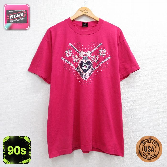 古着 フルーツオブザルーム 半袖 ビンテージ Tシャツ レディース 90年代 90s ハート リボン クルーネック USA製 ピンク 26jun12