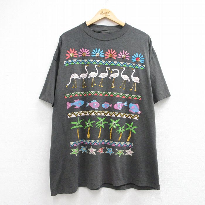 古着 半袖 ビンテージ Tシャツ レディース 90年代 90s 魚 ヤシの木 大きいサイズ クルーネック ブラック 26jun12