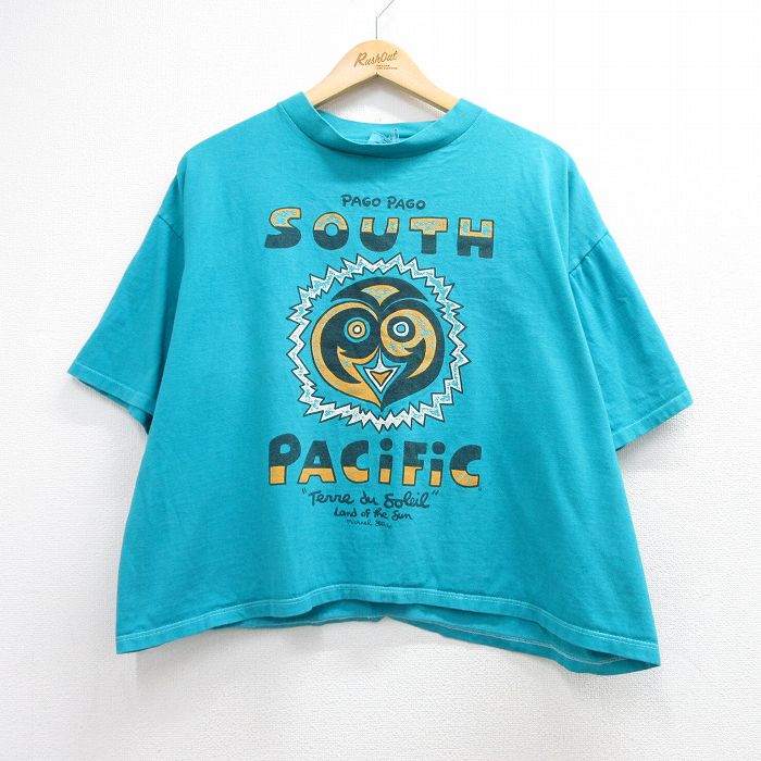 古着 半袖 ビンテージ Tシャツ レディース 90年代 90s SOUTH PACIFIC 大きいサイズ ショート丈 コットン クルーネック USA製 ライトブルー 26jun12