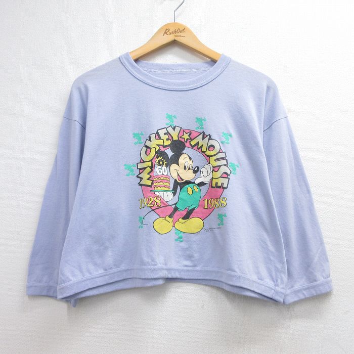 古着 長袖 ビンテージ Tシャツ レディース 80年代 80s ディズニー ミッキー ショート丈 クルーネック パープル【spe】 26jun12