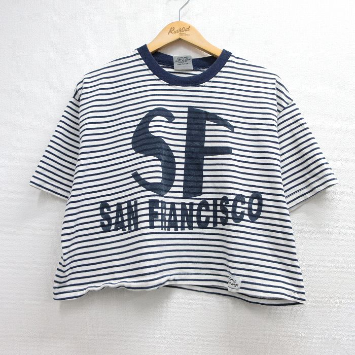 古着 半袖 ビンテージ Tシャツ レディース 90年代 90s サンフランシスコ ショート丈 コットン クルーネック USA製 ネイビー ボーダー 26jun12