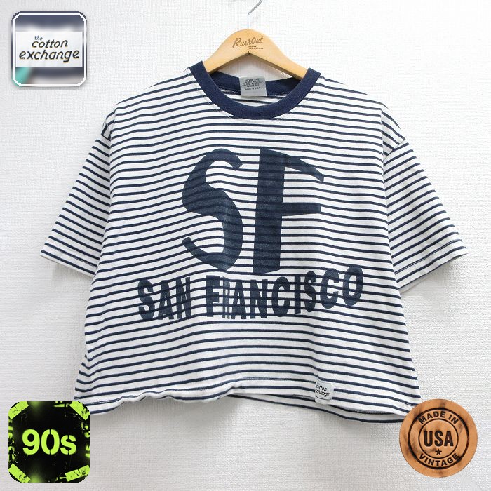 【20%OFF】古着 半袖 ビンテージ Tシャツ レディース 90年代 90s サンフランシスコ ショート丈 コットン クルーネック USA製 ネイビー ボーダー 26jun12