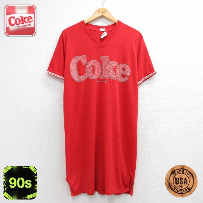 古着 半袖 ビンテージ Tシャツ ワンピース レディース 90年代 90s コカコーラ ロング丈 Vネック USA製 レッド 26jun12