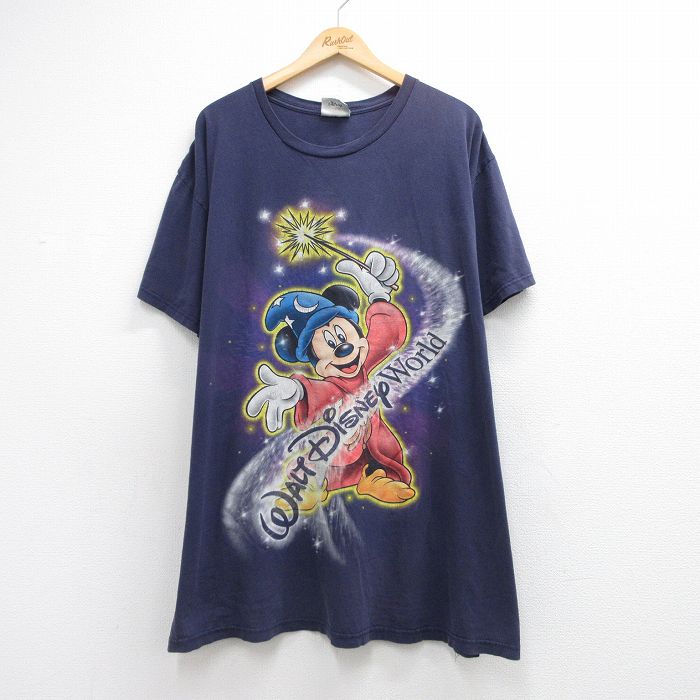 古着 半袖 ビンテージ Tシャツ ワンピース レディース 00年代 00s ディズニー ミッキー ファンタジア 大きいサイズ ロング丈 クルーネック ネイビー 26jun12