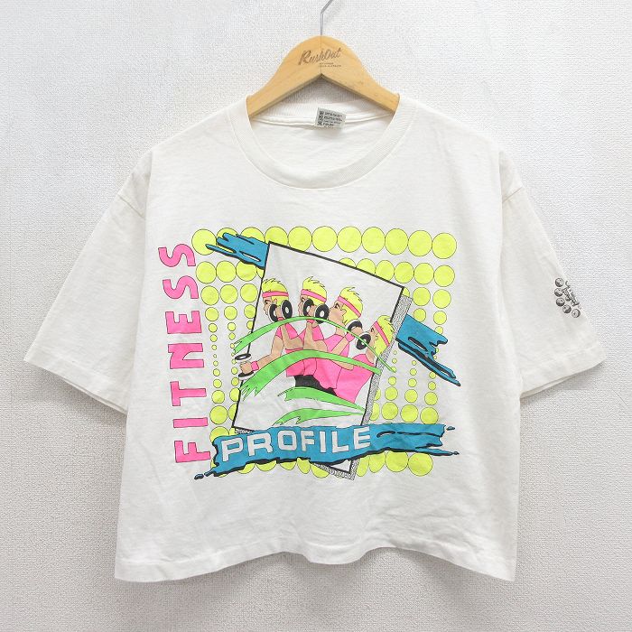 古着 半袖 ビンテージ Tシャツ レディース 90年代 90s フィットネス ショート丈 コットン クルーネック USA製 ホワイト 26jun12