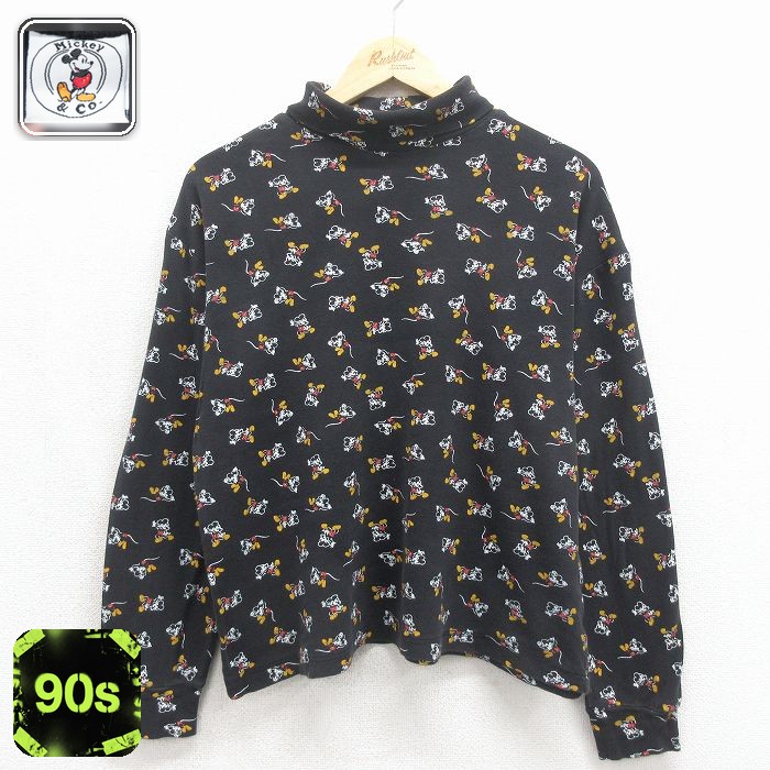 古着 長袖 ビンテージ Tシャツ レディース 90年代 90s ディズニー ミッキー タートルネック ハイネック ブラック【spe】 26jun12