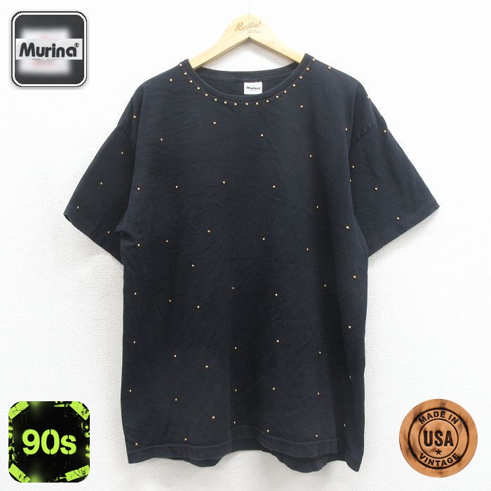 【20%OFF】古着 半袖 ビンテージ Tシャツ レディース 90年代 90s スタッズ 大きいサイズ コットン クルーネック USA製 ブラック 26jun12