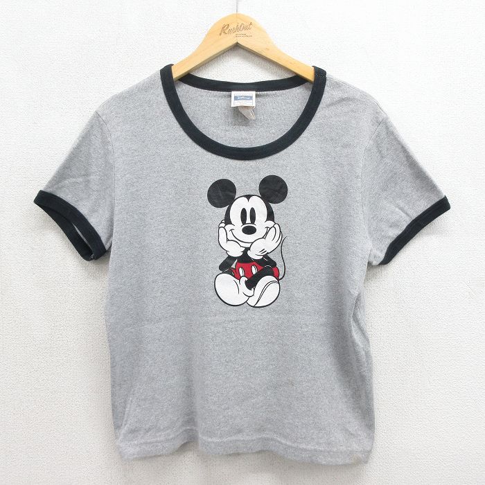 古着 半袖 Tシャツ レディース ディズニー ミッキー 大きいサイズ クルーネック グレー 霜降り リンガー 26jun12