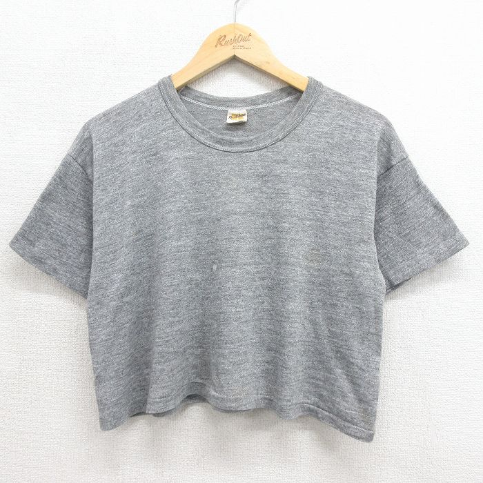 古着 ラッセル 半袖 ビンテージ Tシャツ レディース 70年代 70s 無地 ショート丈 クルーネック USA製 グレー 霜降り【spe】 26jun12