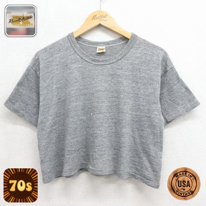 古着 ラッセル 半袖 ビンテージ Tシャツ レディース 70年代 70s 無地 ショート丈 クルーネック USA製 グレー 霜降り【spe】 26jun12