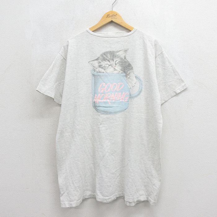 古着 半袖 ビンテージ Tシャツ レディース 90年代 90s ネコ 大きいサイズ ロング丈 コットン クルーネック USA製 グレー 霜降り【spe】 26jun12