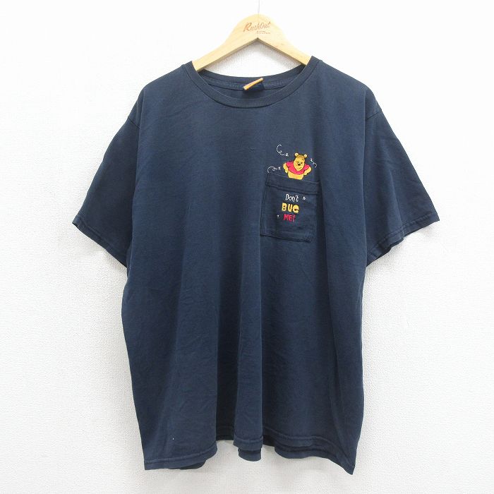 古着 半袖 ビンテージ Tシャツ レディース 00年代 00s ディズニー くまのプーさん 胸ポケット付き 大きいサイズ クルーネック ネイビー 26jun12