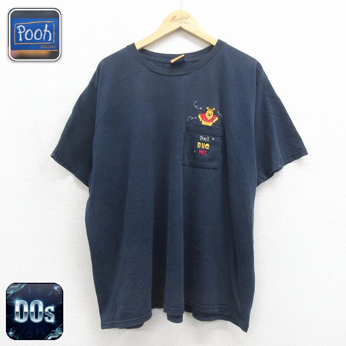 古着 半袖 ビンテージ Tシャツ レディース 00年代 00s ディズニー くまのプーさん 胸ポケット付き 大きいサイズ クルーネック ネイビー 26jun12
