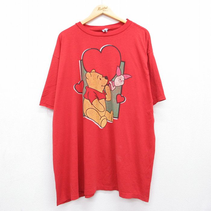 古着 半袖 Tシャツ レディース 90年代 90s ディズニー くまのプーさん ピグレット 大きいサイズ ロング丈 コットン USA製 レッド 26jul21