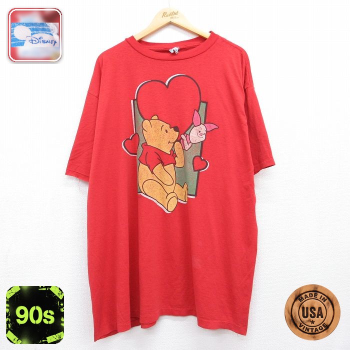 古着 半袖 Tシャツ レディース 90年代 90s ディズニー くまのプーさん ピグレット 大きいサイズ ロング丈 コットン USA製 レッド 26jul21