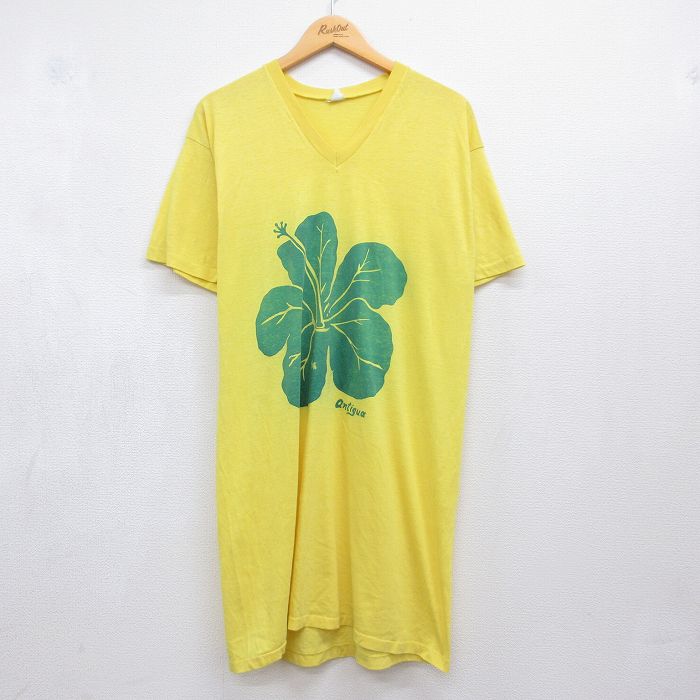 古着 半袖 Tシャツ レディース 80年代 80s ハイビスカス ロング丈 Vネック USA製 イエロー 26jul21