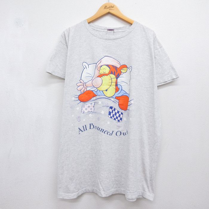 古着 半袖 Tシャツ レディース 00年代 00s ディズニー ティガー 大きいサイズ ロング丈 クルーネック グレー 霜降り 26jul21