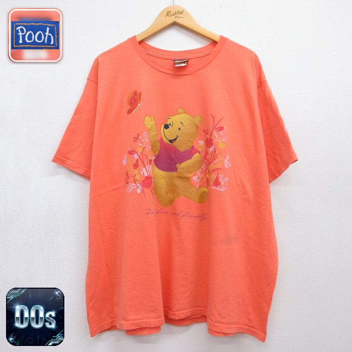 古着 半袖 Tシャツ レディース 00年代 00s ディズニー くまのプーさん 大きいサイズ コットン クルーネック オレンジ 26jul21