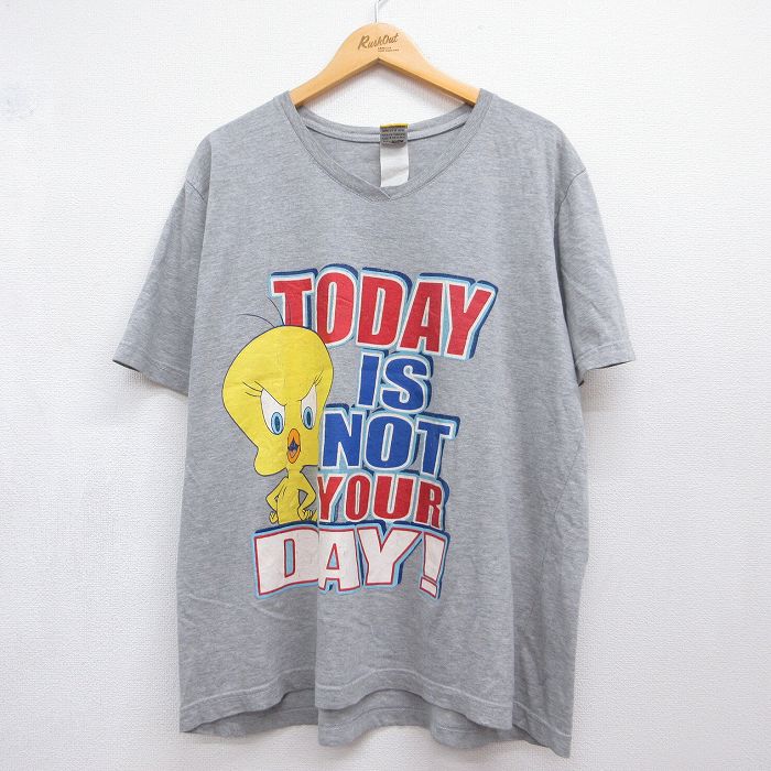 古着 半袖 Tシャツ レディース 00年代 00s ルーニーテューンズ トゥイーティー ラメ 大きいサイズ Vネック グレー 霜降り 26jul21