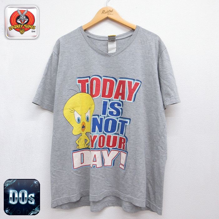 古着 半袖 Tシャツ レディース 00年代 00s ルーニーテューンズ トゥイーティー ラメ 大きいサイズ Vネック グレー 霜降り 26jul21