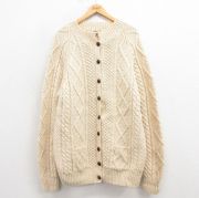 古着 長袖 アラン フィッシャーマン ケーブル ニット カーディガン レディース 手編み ロング丈 ウール アイルランド製 生成り 【spe】 25oct22 中古 トップス
