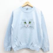 古着 長袖 スウェット レディース 00年代 00s ネコ 刺繍 クルーネック 水色【spe】 26feb04