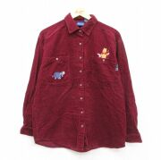 古着 長袖 シャツ レディース ディズニー くまのプーさん ピグレット イーヨー 刺繍 コーデュロイ 大きいサイズ コットン エンジ【spe】 26feb09