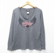 古着 ハーレーダビッドソン 長袖 Tシャツ レディース ビッグロゴ Vネック USA製 グレー 霜降り【spe】 26mar28
